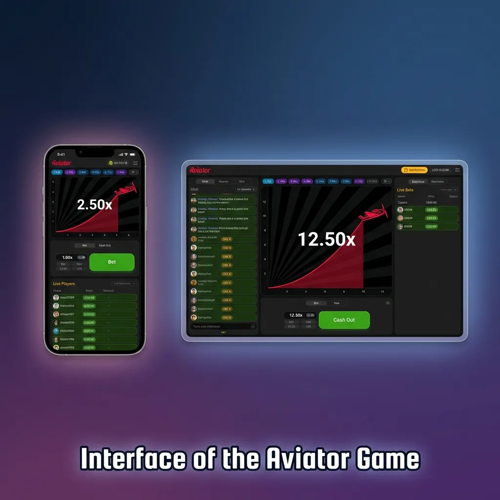 Aviator game interface showing flight display with multiplier, plane graphic, betting panels, live stats, and chat function